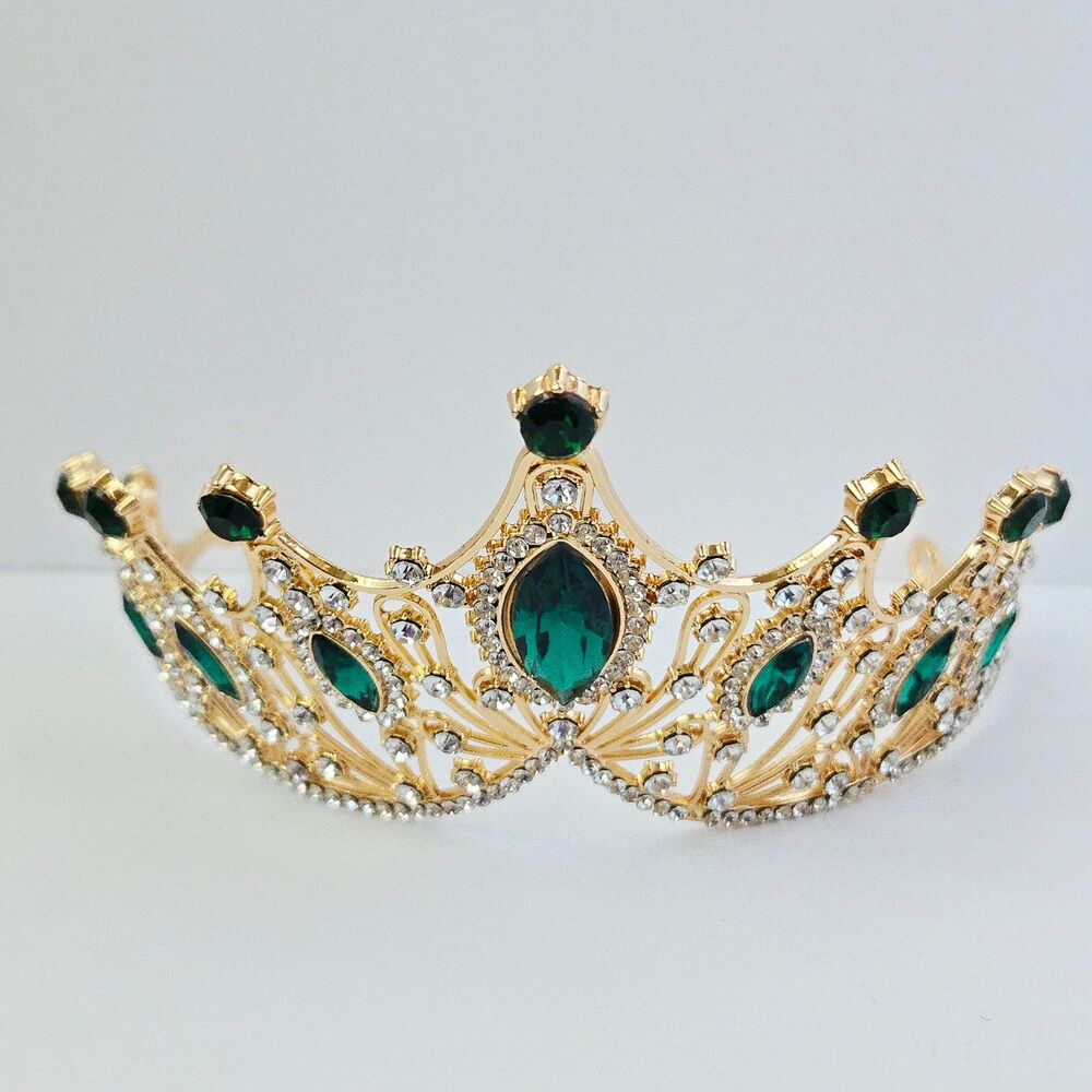 Emerald Green Rhinestone Crystal Crown Tiara Headband Bridal Hair Gold Queen